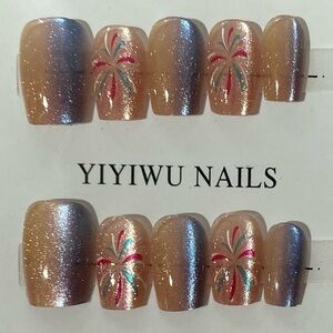 [S] 🎇10Pcs Wearable Press on Nails Full Cover Short Fireworks 🎆 Blue Glitter